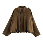 Ladies short jacket in oversized bomber style made of suede imitation with balloon hem and epaulettes Fashion Glam