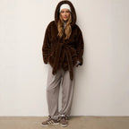 Women's Faux Fur Coat with Hood and Waist Belt Fashion Glam