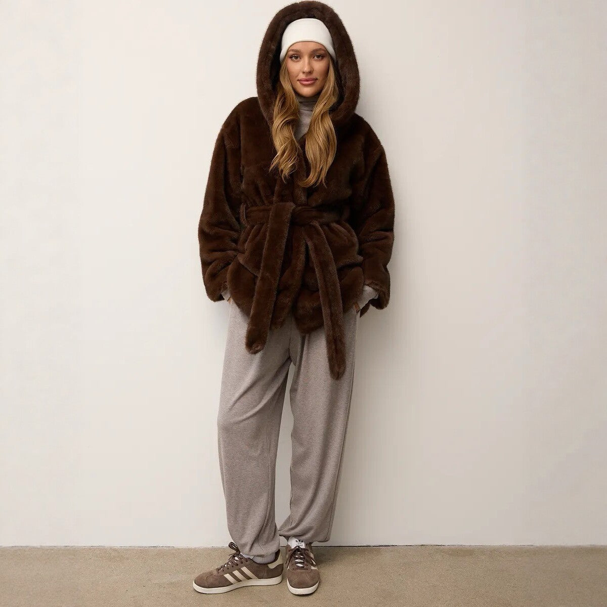 Women's Faux Fur Coat with Hood and Waist Belt Fashion Glam