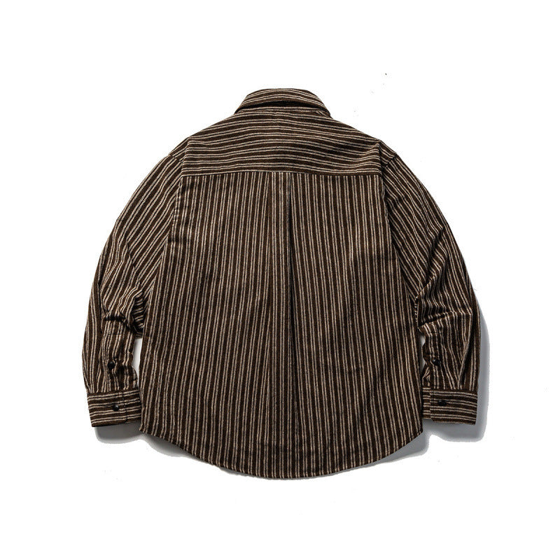 Men's Oversize Cord Shirt with Vertical Stripes, Chest Pocket and Rounded Hem Fashion Glam