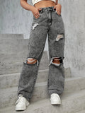 Ladies High-Waist Destroyed Wide-Leg Jeans with Knee Cutouts Fashion Glam