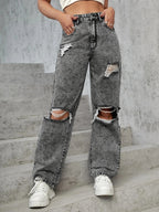 Ladies High-Waist Destroyed Wide-Leg Jeans with Knee Cutouts Fashion Glam