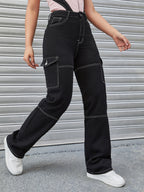 Women's High-Waisted Cargo Pants with Contrast Stitching and Straight Leg Fashion Glam