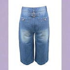 Ladies light vintage-inspired culotte jeans with visible seam panels and patch front pockets Fashion Glam