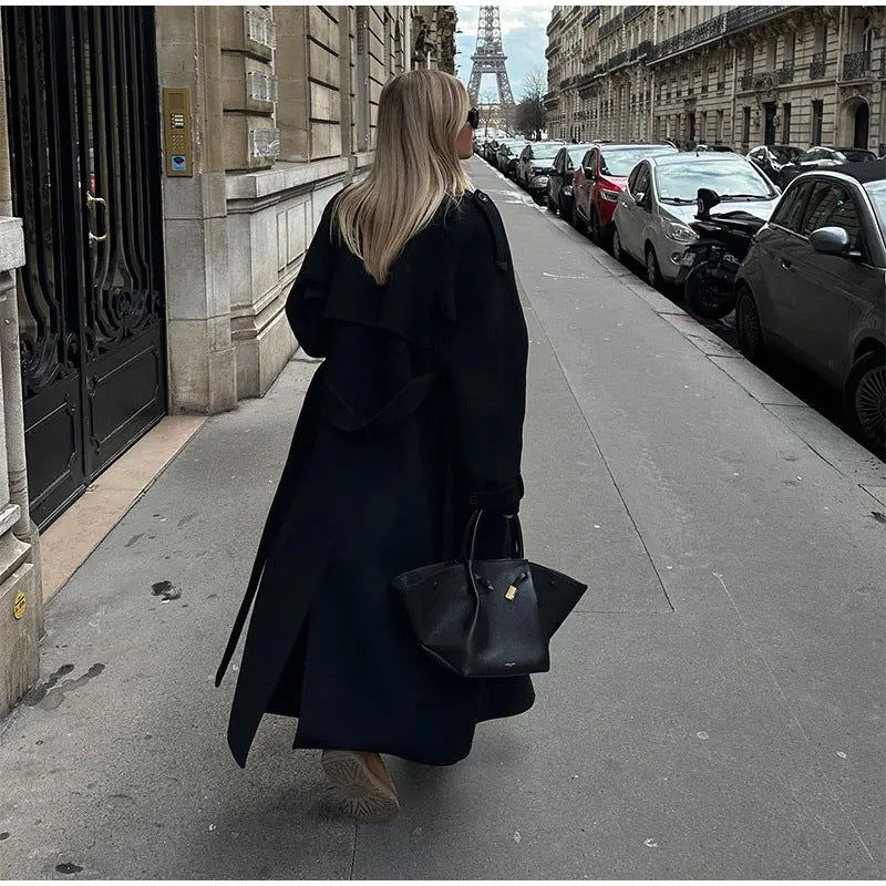 Women's oversized wool coat with wide lapels and tie belt Fashion Glam