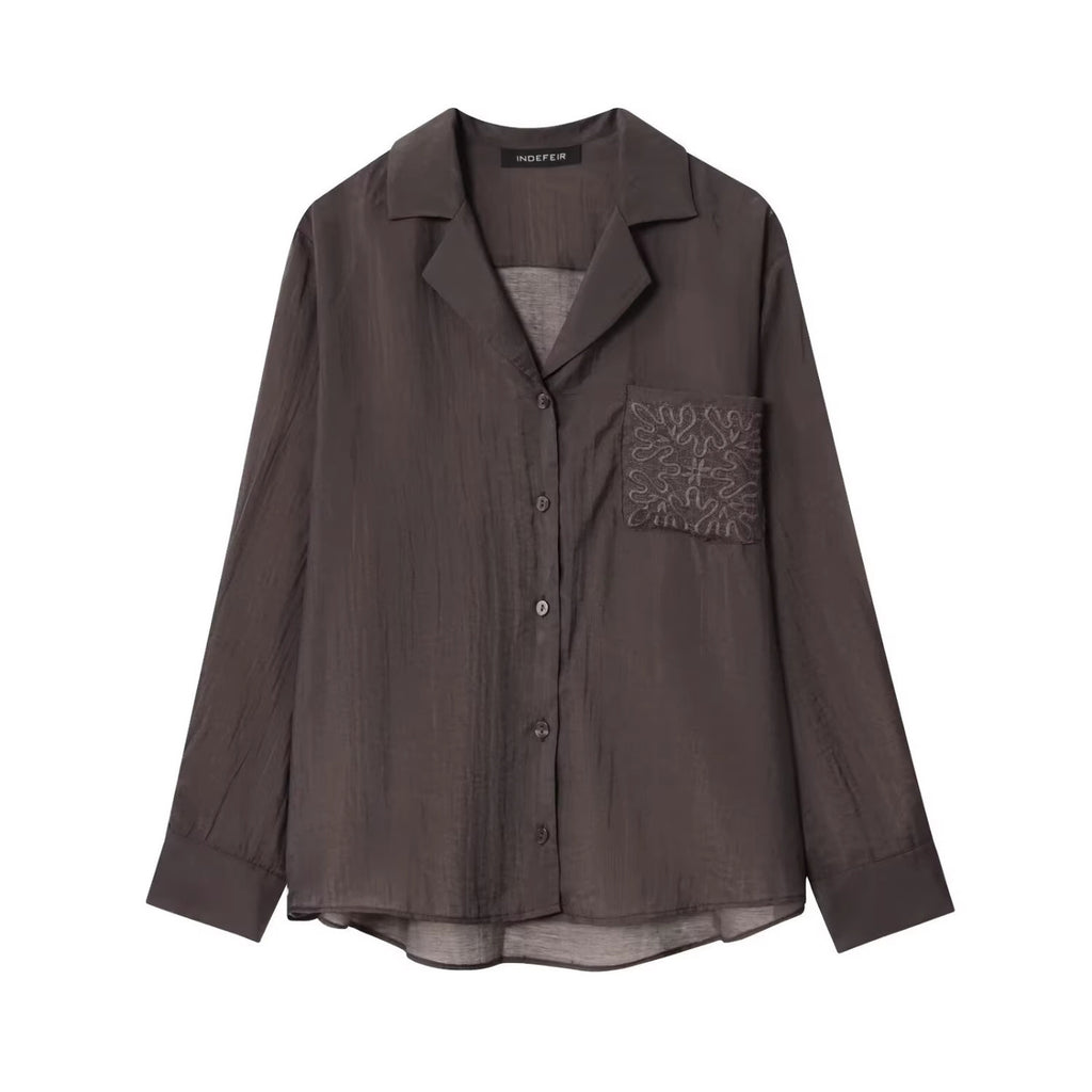Women's Loose Satin Shirt with Notched Collar and Embroidered Chest Pocket Fashion Glam