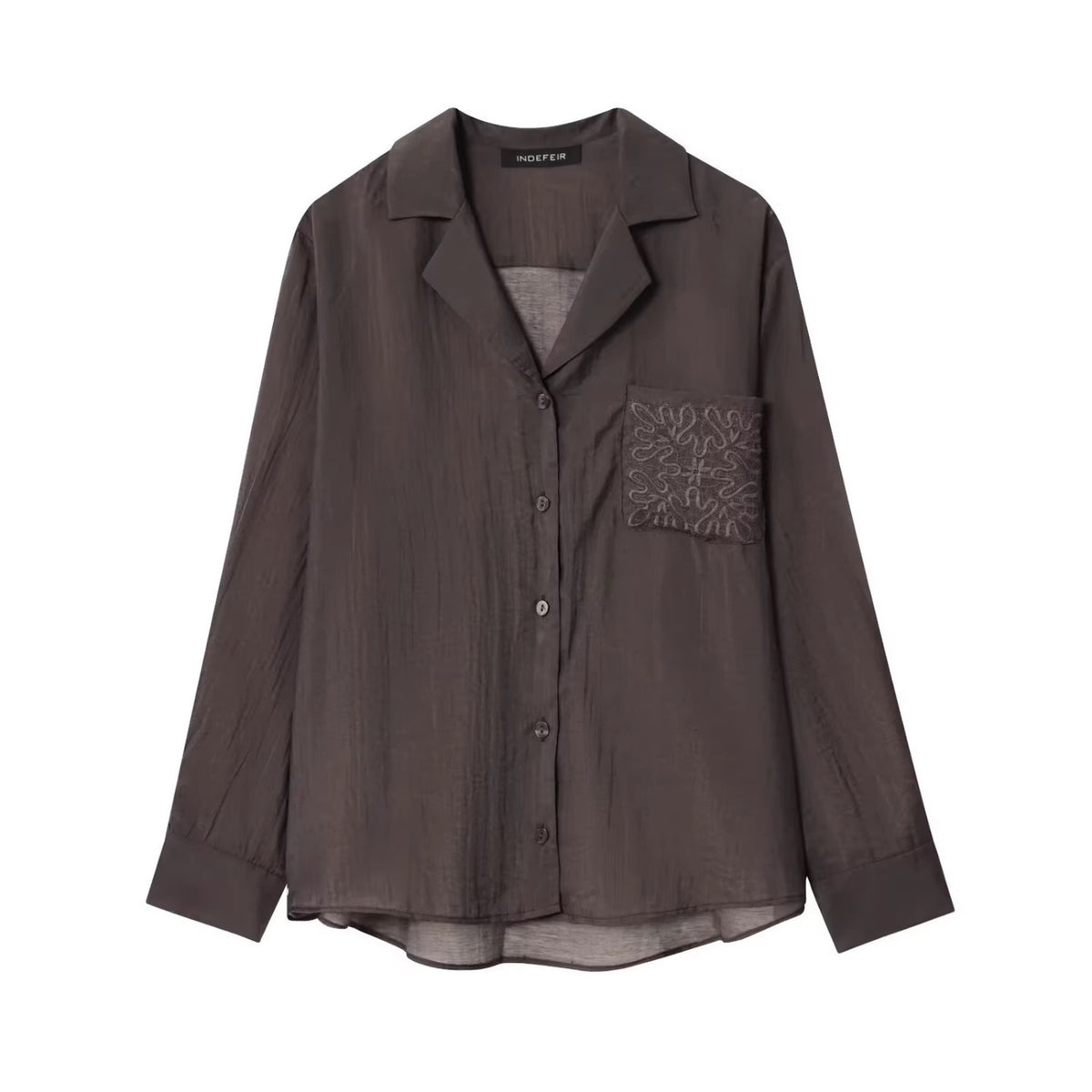 Women's Loose Satin Shirt with Notched Collar and Embroidered Chest Pocket Fashion Glam