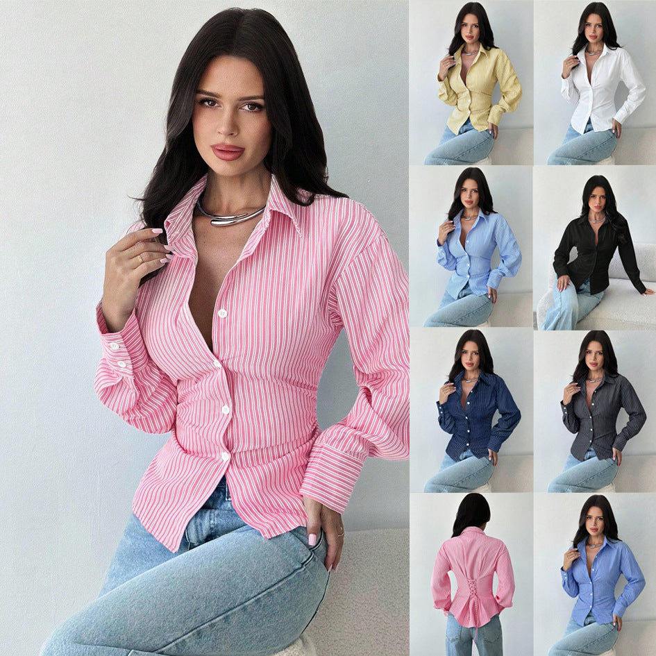 Women's Tailored Striped Shirt Blouse with Lapel Collar and Shaping Waist Fashion Glam
