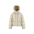 Women's Short Padded Crop Quilted Jacket with Volume Hood and Concealed Snap Placket Fashion Glam