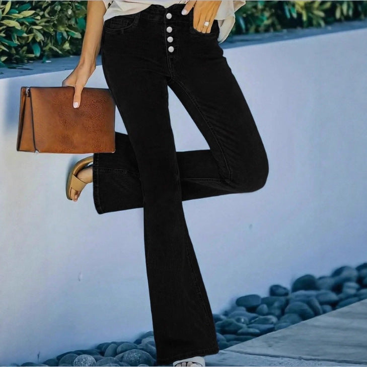 Ladies high-waisted flare jeans with decorative button placket and sculpting fit Fashion Glam