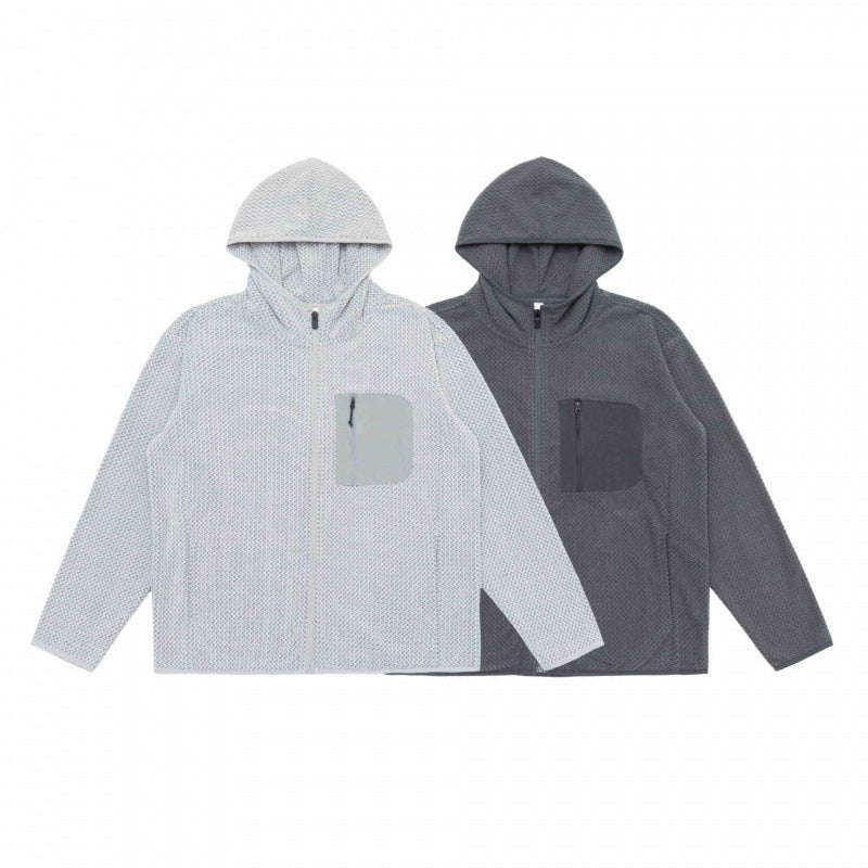 Unisex Hooded Fleece Jacket with Full Zip, Textured Knit and Chest Zip Pocket Fashion Glam