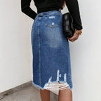Women's High-Waisted Destroyed Denim Midi Skirt with Center Front Slit and Frayed Hem Fashion Glam