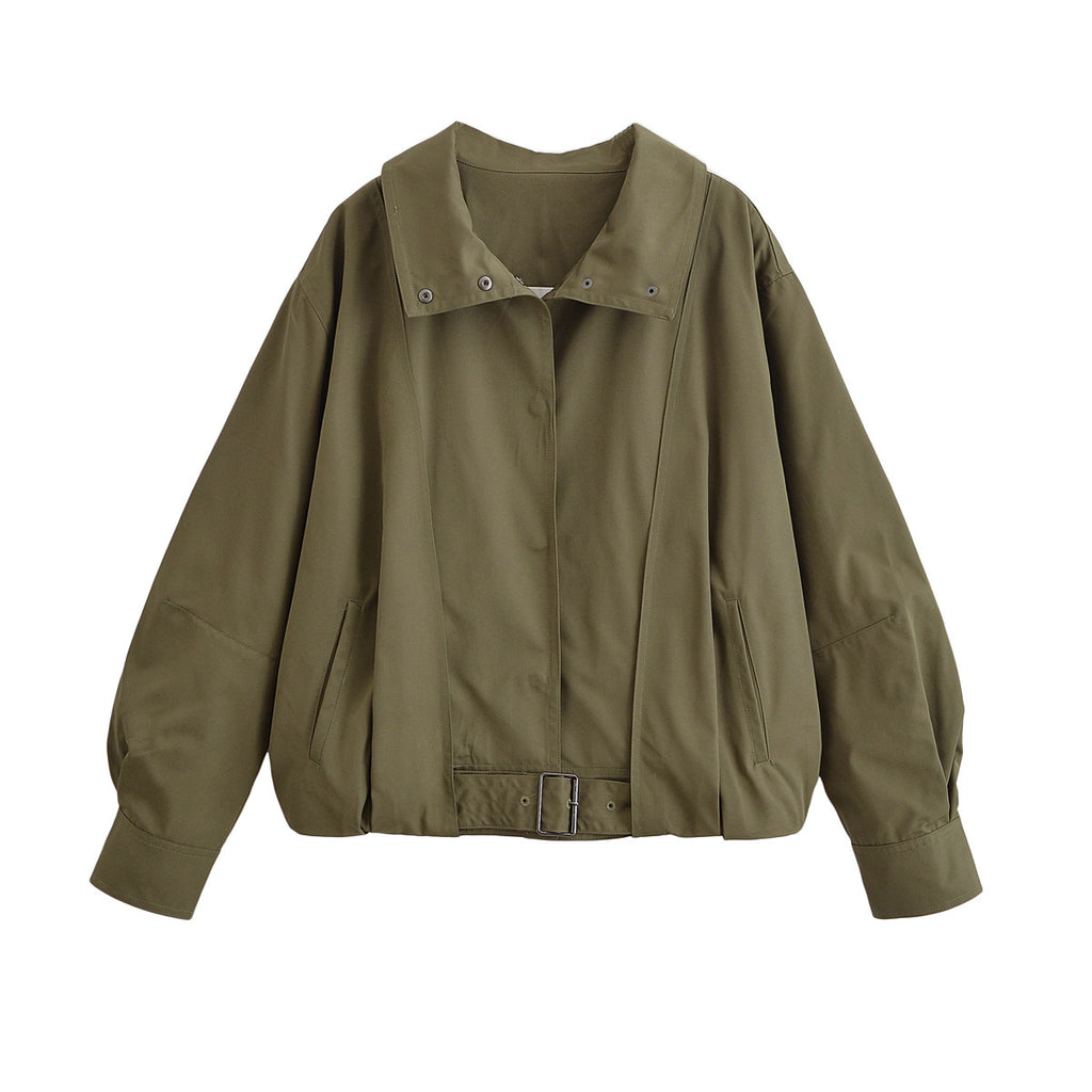 Women Oversize Bomber Jacket with Waist Belt and Stand-up Collar Fashion Glam