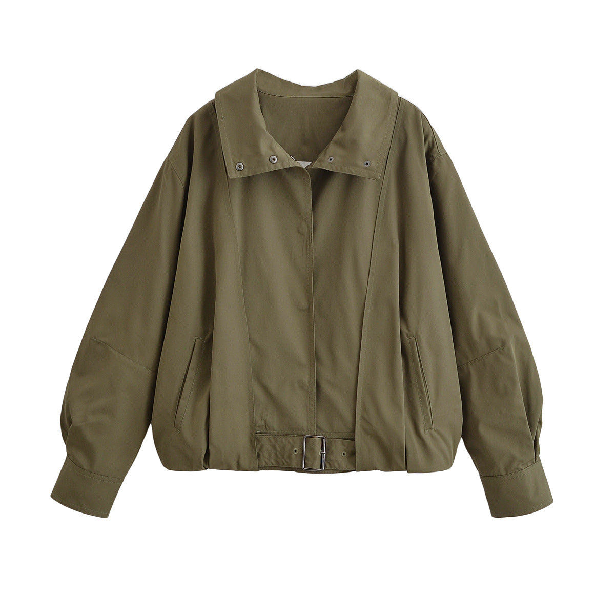 Women Oversize Bomber Jacket with Waist Belt and Stand-up Collar Fashion Glam