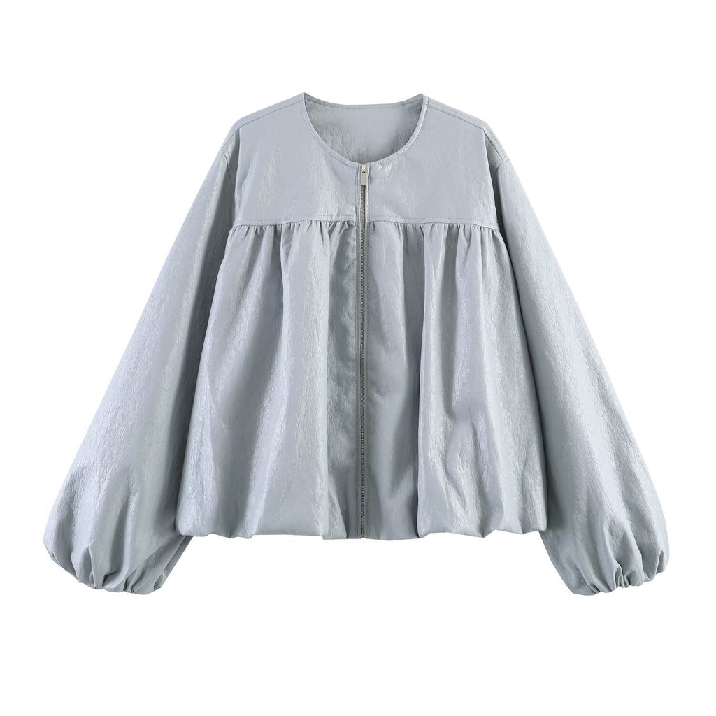 Women Oversize Faux Leather Jacket with Round Neck, Gathered Yoke and Balloon Sleeves Fashion Glam