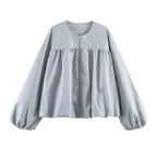 Women Oversize Faux Leather Jacket with Round Neck, Gathered Yoke and Balloon Sleeves Fashion Glam