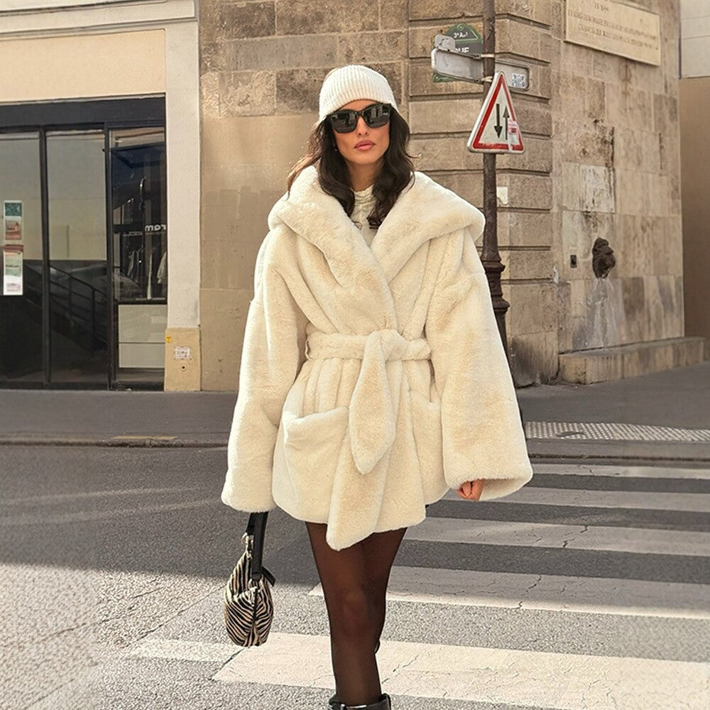 Women's Boxy Teddy Jacket with Wrap Belt and Oversized Shawl Collar Fashion Glam