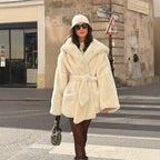Women's Boxy Teddy Jacket with Wrap Belt and Oversized Shawl Collar Fashion Glam