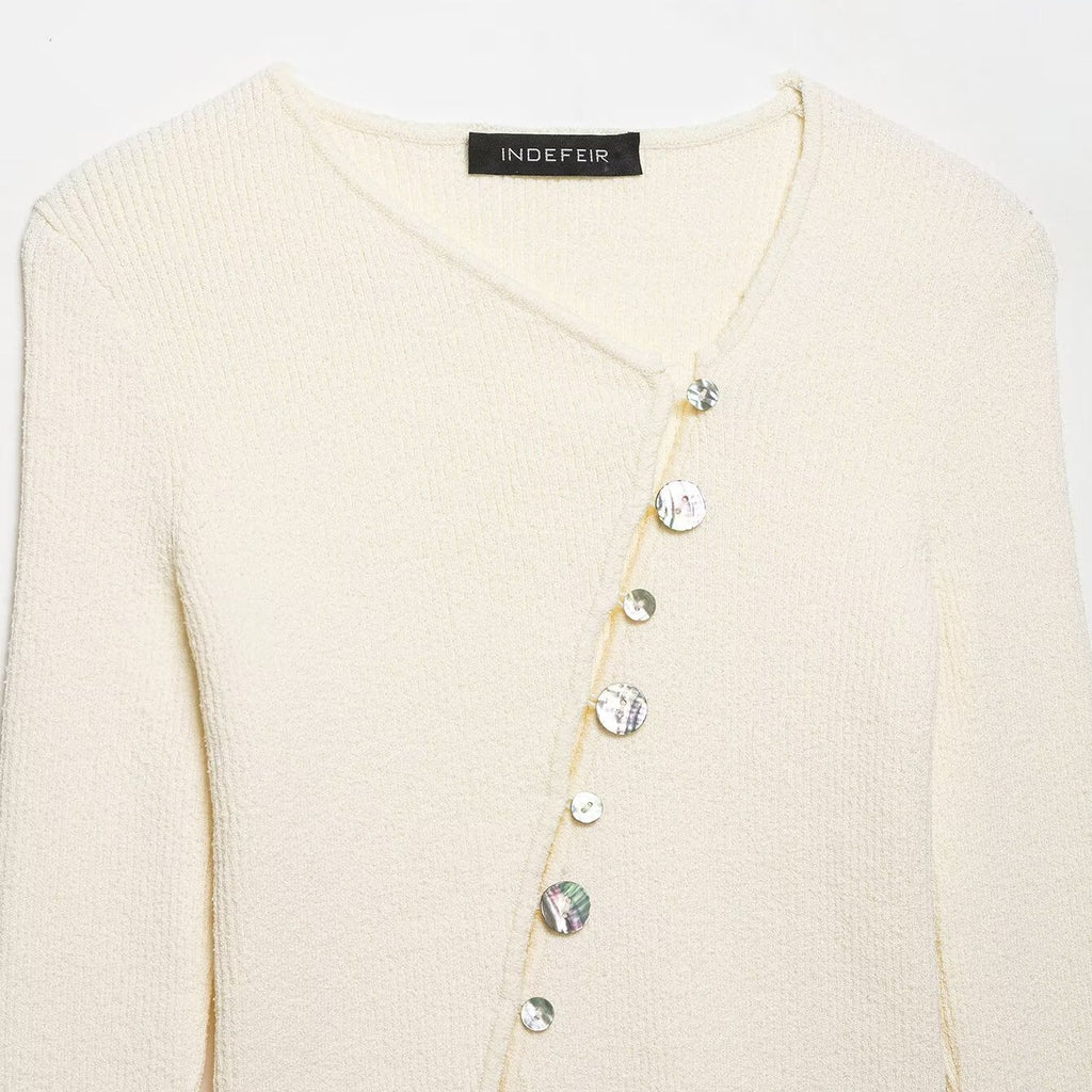 Women Asymmetrical Boucle Cardigan with V-Neck and Decorative Button Placket Fashion Glam