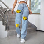 Ladies high-waisted wide denim jeans with striking print spot accents Fashion Glam