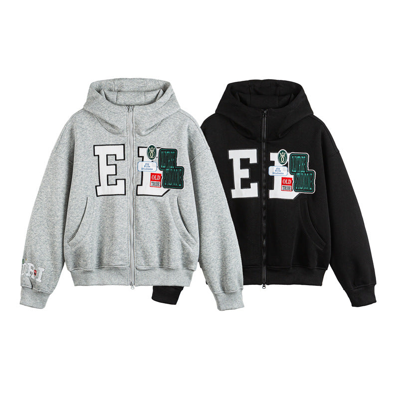 Unisex Oversize Hoodie Zip Jacket with Collegiate Patches Fashion Glam