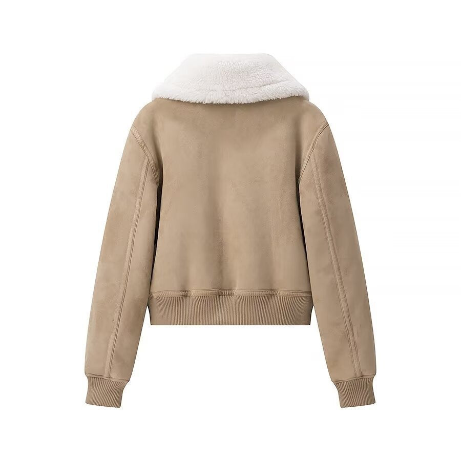 Women's Short Velvet Bomber Jacket with Teddy Collar Fashion Glam