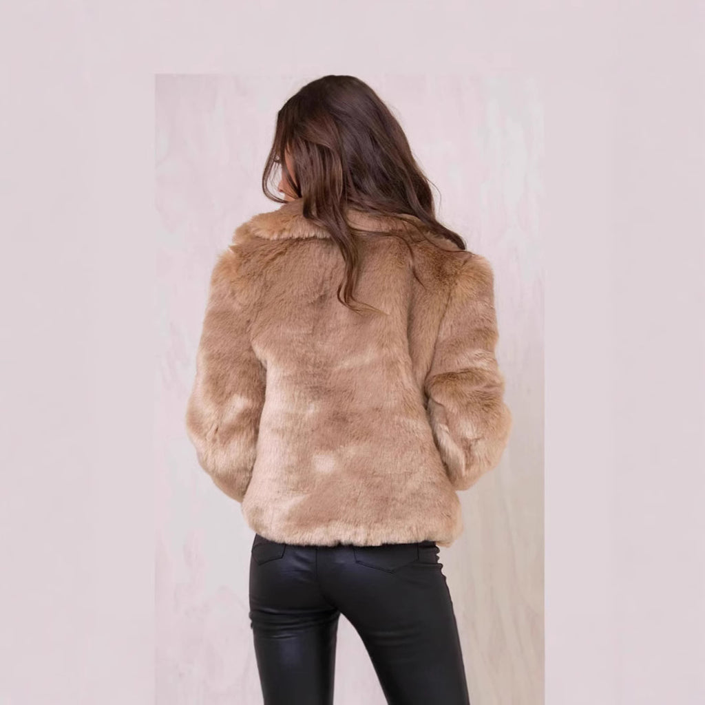 Women's Short Plush Jacket with Voluminous Shawl Collar and Boxy Silhouette Fashion Glam