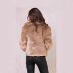 Women's Short Plush Jacket with Voluminous Shawl Collar and Boxy Silhouette Fashion Glam
