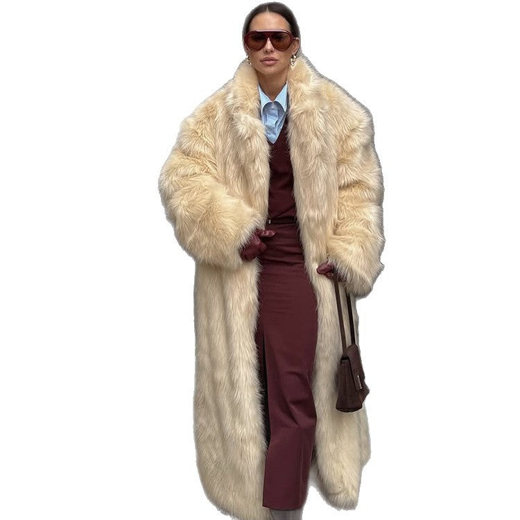 Women's Extravagant Long Coat made of High-Pile Faux Fur with Voluminous Shawl Collar and Tailored Silhouette Fashion Glam