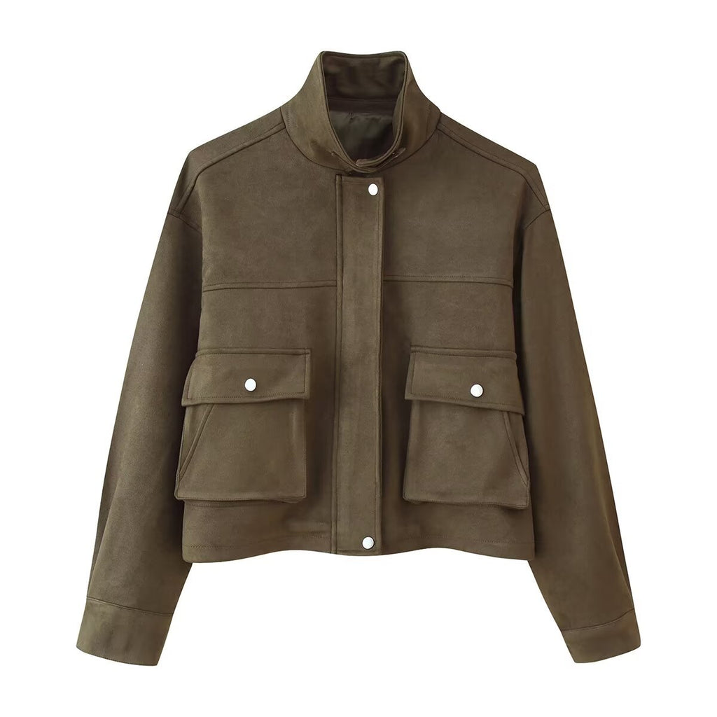 Women's short jacket in utility style made of suede look with stand-up collar and cargo flap pockets Fashion Glam