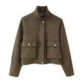 Women's short jacket in utility style made of suede look with stand-up collar and cargo flap pockets Fashion Glam
