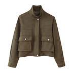 Women's short jacket in utility style made of suede look with stand-up collar and cargo flap pockets Fashion Glam
