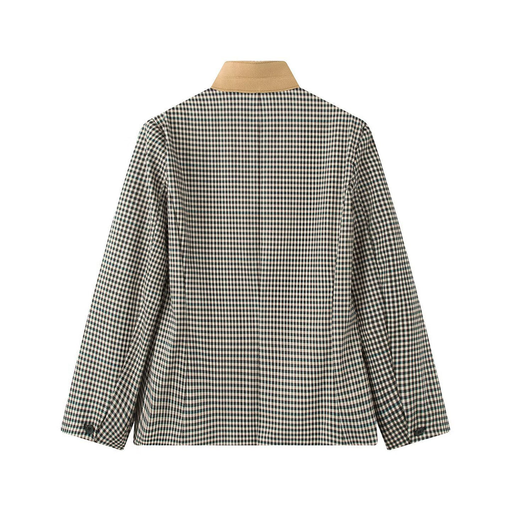 Women Checked Boxy Blazer Jacket with Contrast Stand Collar and Flap Pockets Fashion Glam