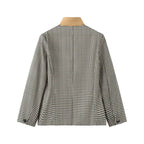 Women Checked Boxy Blazer Jacket with Contrast Stand Collar and Flap Pockets Fashion Glam