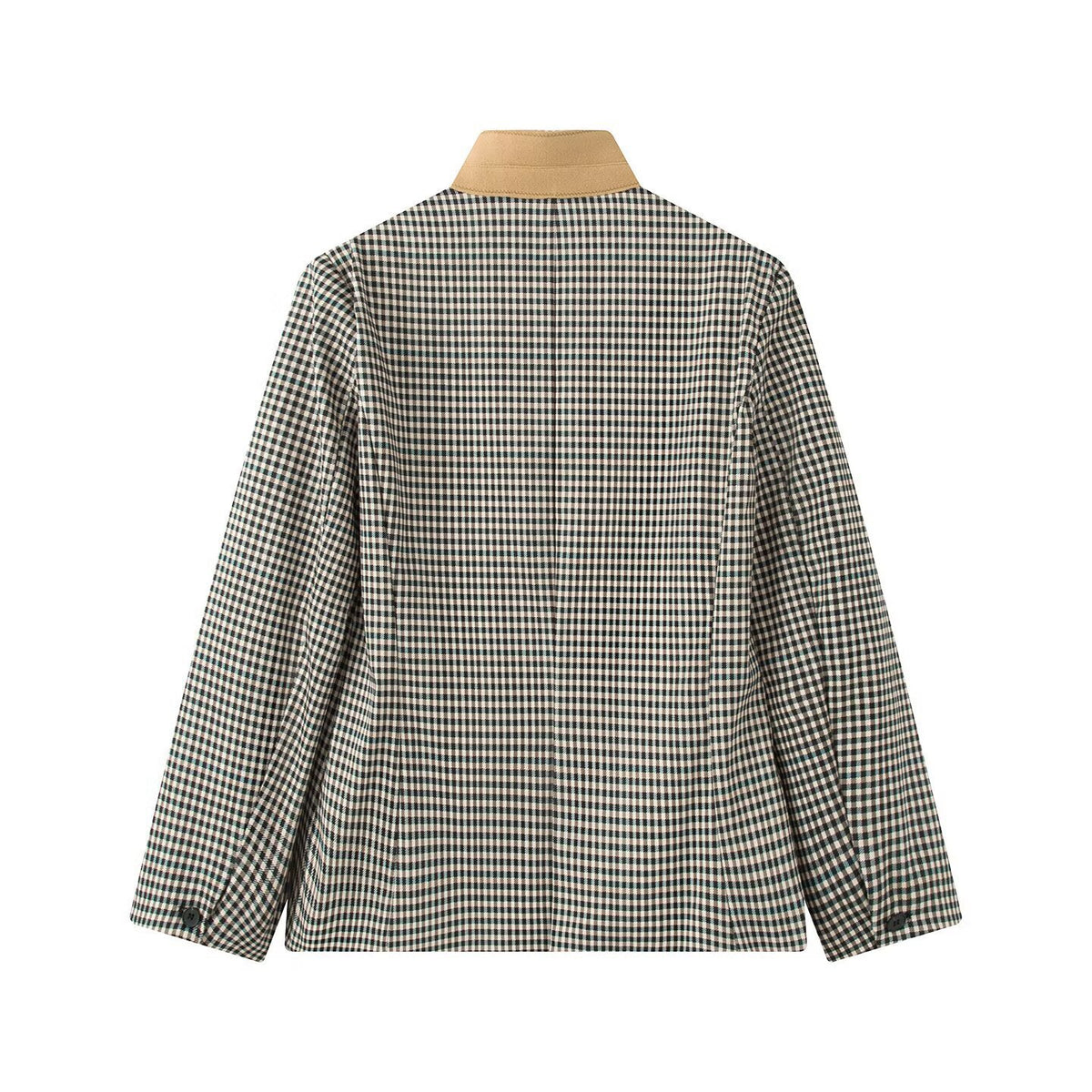 Women Checked Boxy Blazer Jacket with Contrast Stand Collar and Flap Pockets Fashion Glam