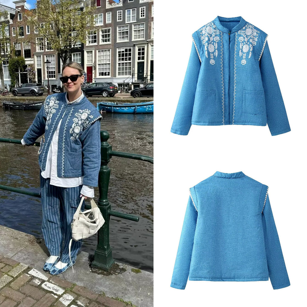 Women Quilted Linen Look Stand Collar Jacket with Folk Chest Embroidery & Patch Pockets Fashion Glam