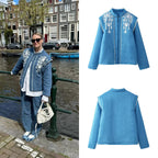 Women Quilted Linen Look Stand Collar Jacket with Folk Chest Embroidery & Patch Pockets Fashion Glam