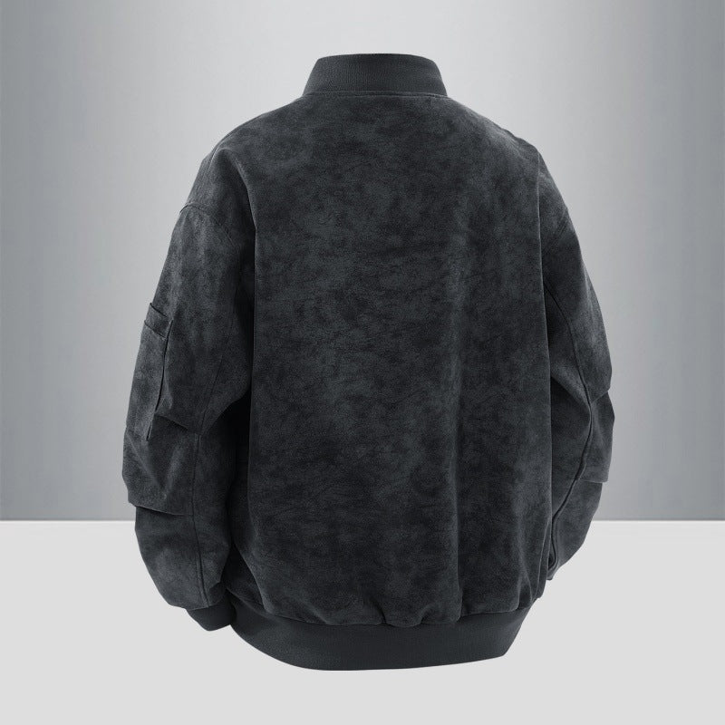 Men's Suede Look Bomber Jacket with Full Zip, Rib Collar and Utility Pockets Fashion Glam
