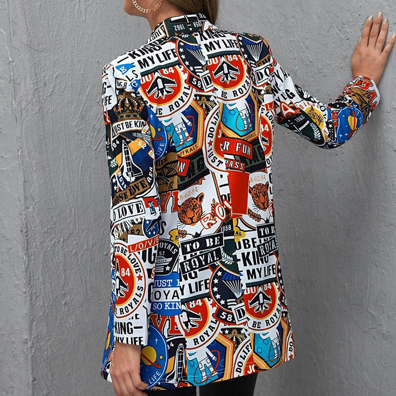 Women's Printed Long Blazer with Graphic Street Art Pattern and Tailored Fit Fashion Glam
