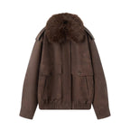 Women's Oversize Bomber Jacket in Suede Look with Removable Fur Collar Fashion Glam
