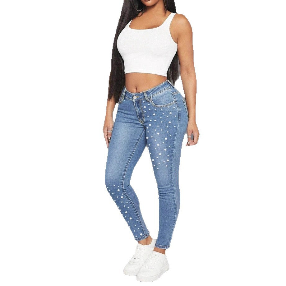 Women High-Waist Skinny Jeans with Pearl Application Fashion Glam