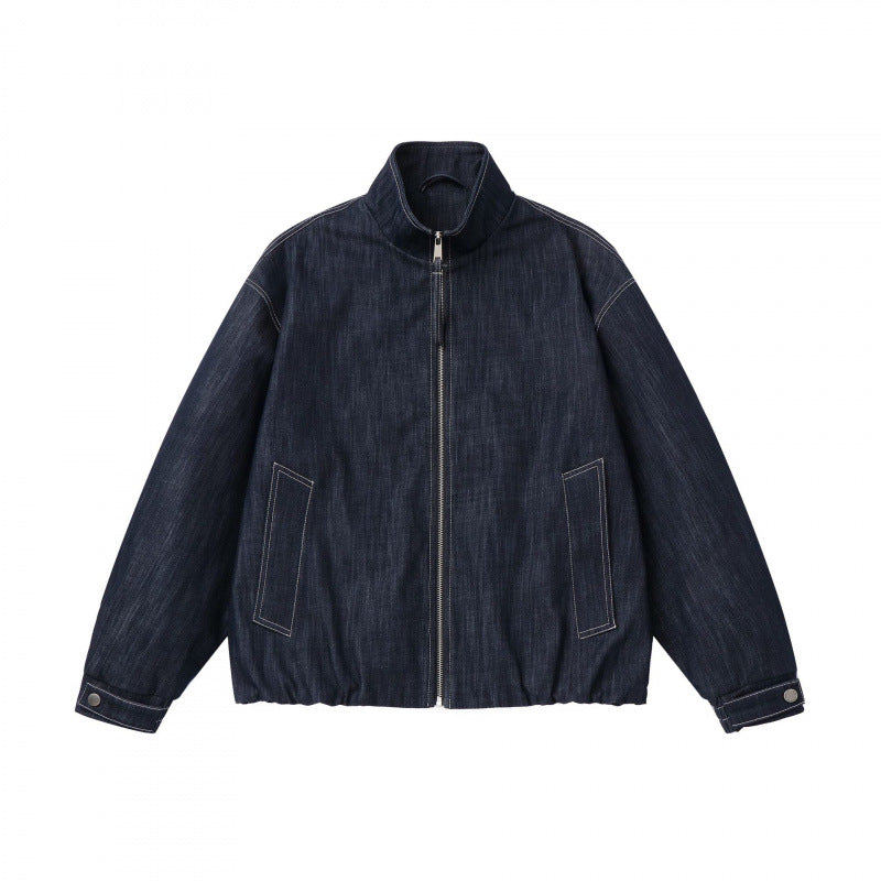 Unisex Boxy Jeans Bomber Jacket with Stand Collar, Zipper and Elastic Hem Fashion Glam