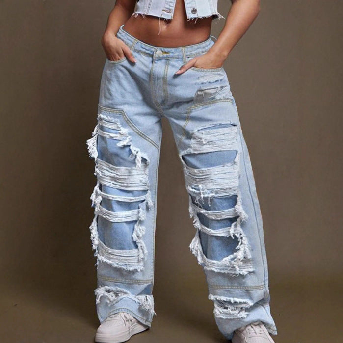 Women Baggy Denim Pants with Extra Large Destroyed Cutouts and Wide Leg Fashion Glam