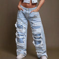 Women Baggy Denim Pants with Extra Large Destroyed Cutouts and Wide Leg Fashion Glam