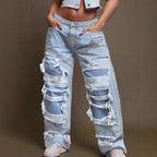 Women Baggy Denim Pants with Extra Large Destroyed Cutouts and Wide Leg Fashion Glam