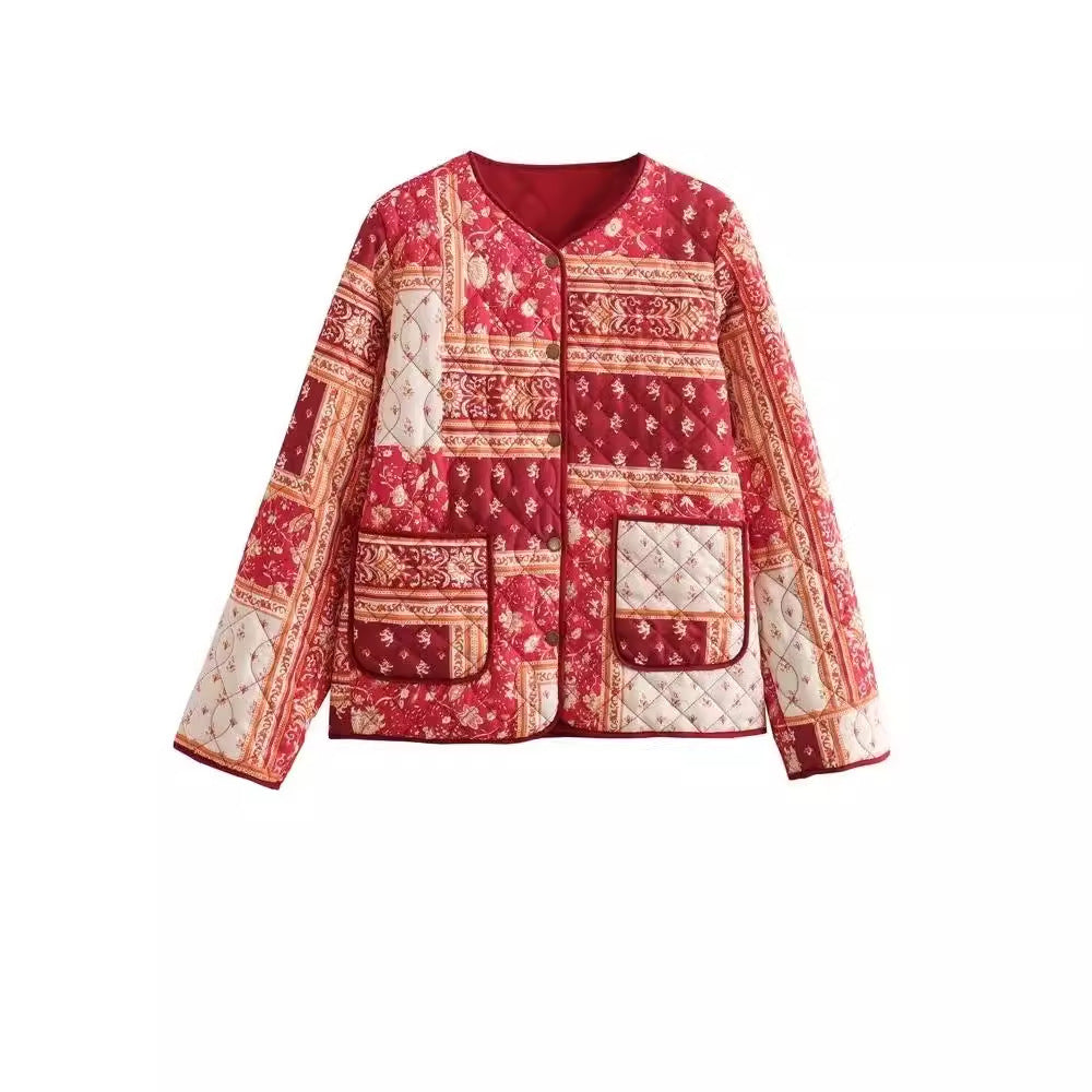 Women's quilted jacket in patchwork bandana design with round neck and patch pockets Fashion Glam