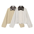 Women's Oversize Boxy Jacket with Check Pattern, Faux Leather Lapel and Drawstring Hem Fashion Glam