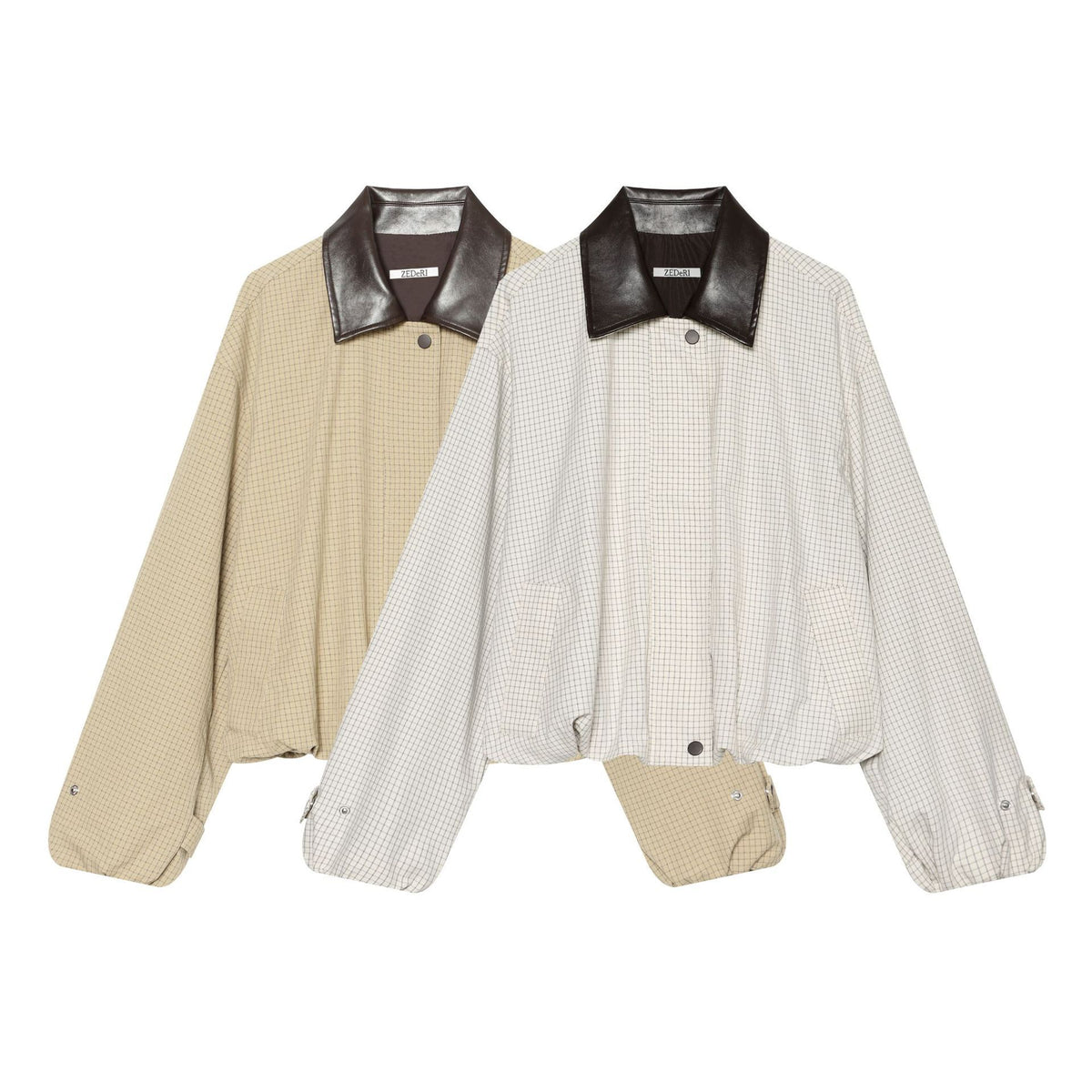Women's Oversize Boxy Jacket with Check Pattern, Faux Leather Lapel and Drawstring Hem Fashion Glam