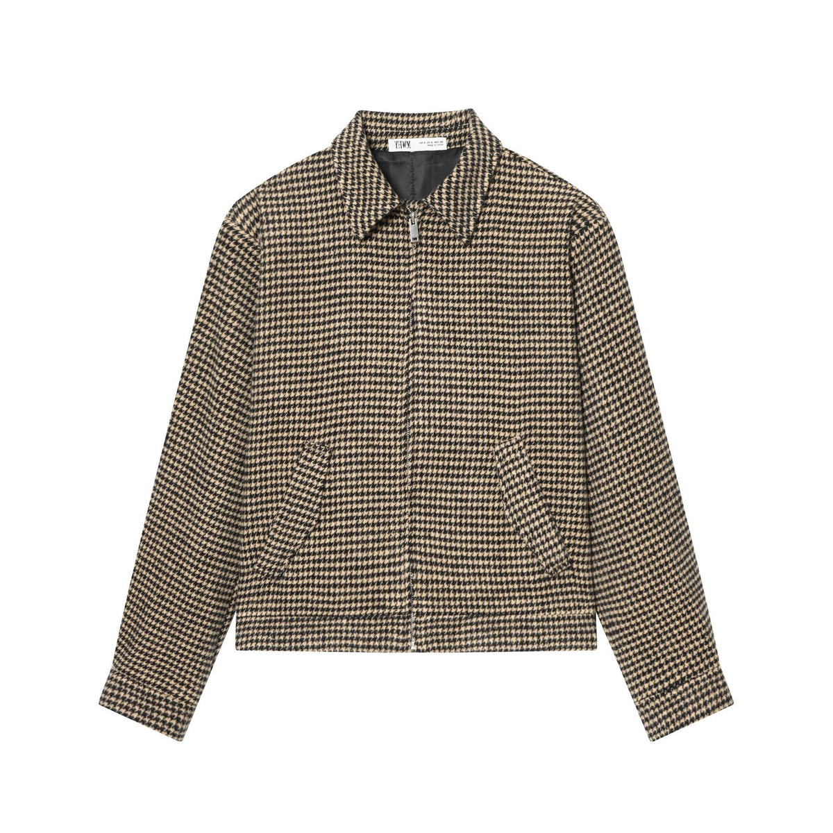 Women Boxy Short Jacket made of Wool Blend with Houndstooth Pattern, Zipper and Shirt Collar Fashion Glam