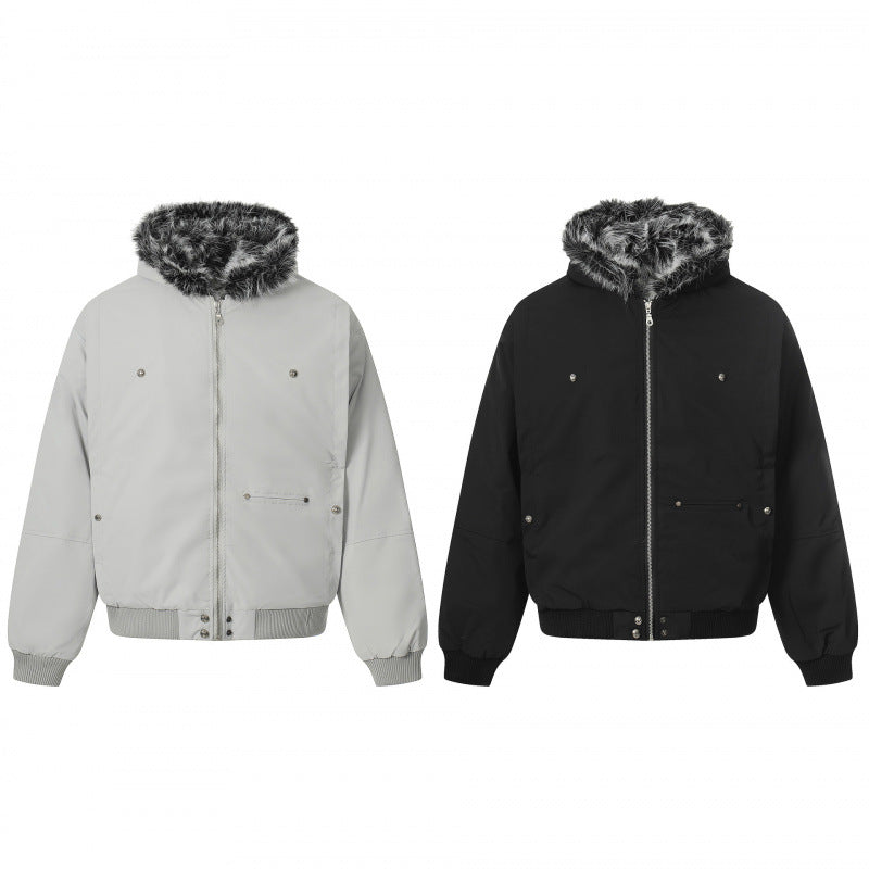 Unisex Short Boxy Bomber Jacket with Faux Fur Hood, Windproof Shell and Thermal Insulation Fashion Glam